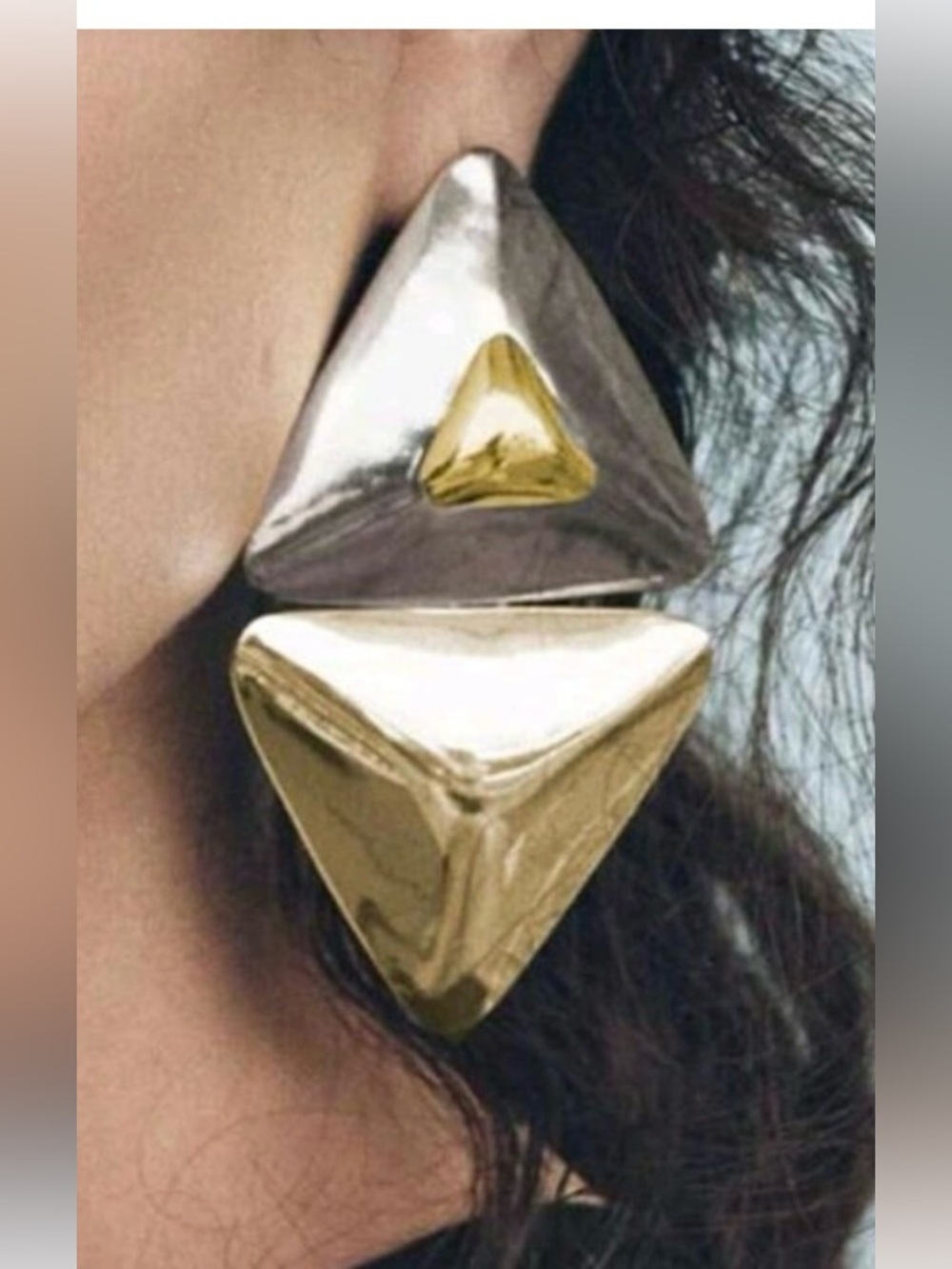 New! Zara Statement Two-Tone Gold And Silver Geometric Triangle Drop Earrings